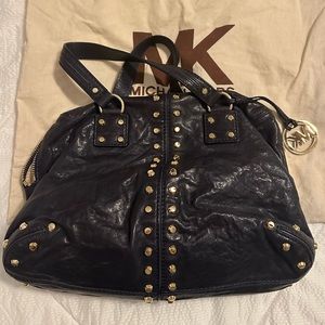 Michael Kors Purse Gold Studded Leather Dark Navy LG Satchel Uptown Astor